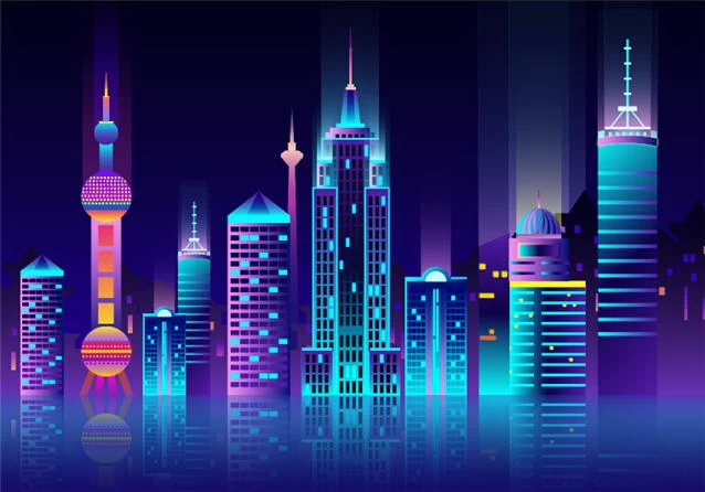 未来科技科幻霓虹灯渐变绚丽城市建筑夜景灯光插画AI/PSD设计素材100套【006】